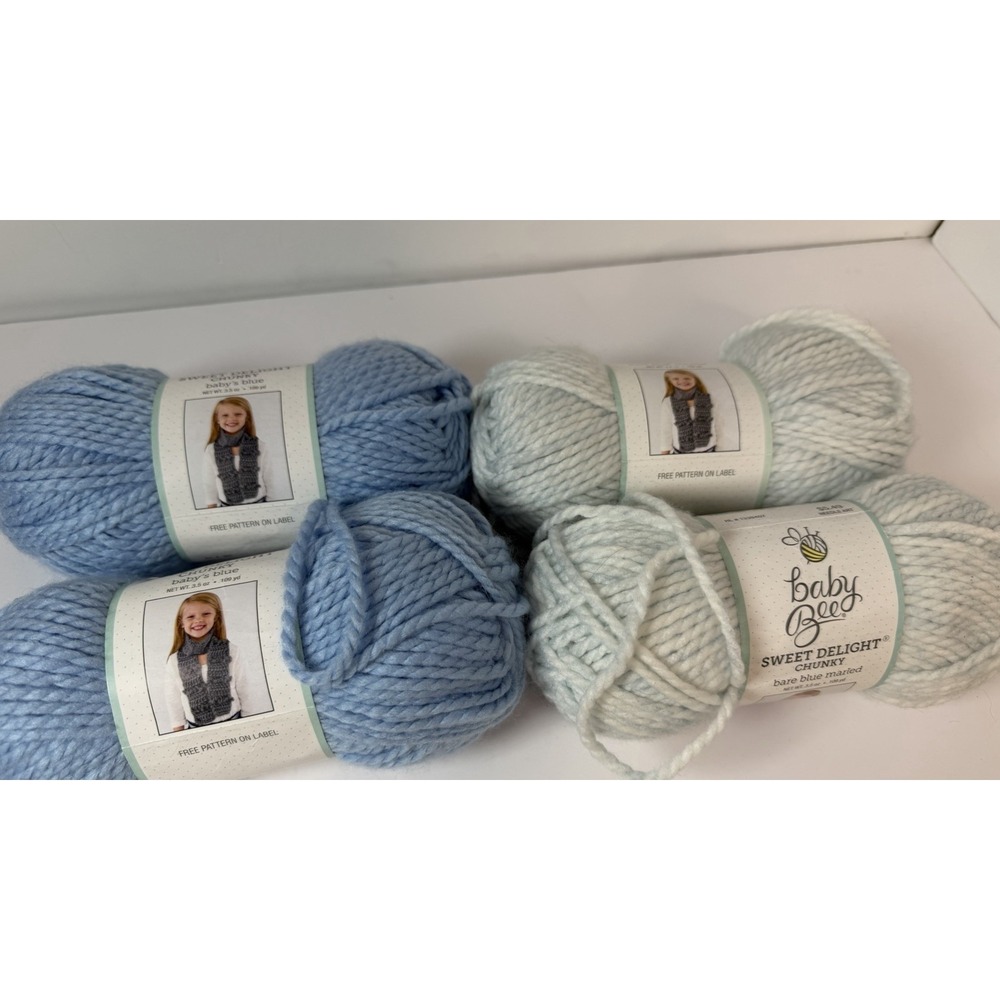 Baby Bee Yarn Sweet Delight Chunky 2 Bare Blue Marled & 2 Baby's Blue 3.5oz Each